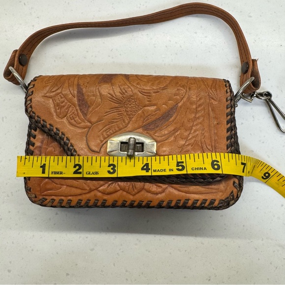 Vintage Handmade Tooled Leather Embossed Flap Over Mini Handbag Purse Western - Picture 2 of 6